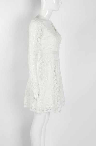Temperament Elegant Ladies Hollowed Out Lace Stitched Waist Long Sleeves A-line Cocktail Party Dress