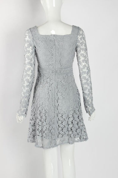 Temperament Elegant Ladies Hollowed Out Lace Stitched Waist Long Sleeves A-line Cocktail Party Dress