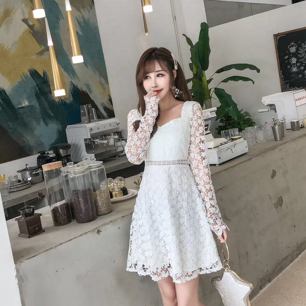 Temperament Elegant Ladies Hollowed Out Lace Stitched Waist Long Sleeves A-line Cocktail Party Dress