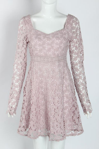 Temperament Elegant Ladies Hollowed Out Lace Stitched Waist Long Sleeves A-line Cocktail Party Dress