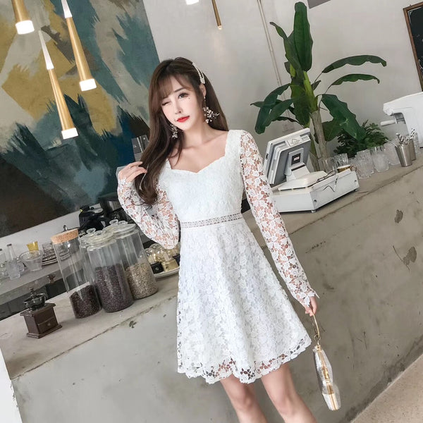 Temperament Elegant Ladies Hollowed Out Lace Stitched Waist Long Sleeves A-line Cocktail Party Dress