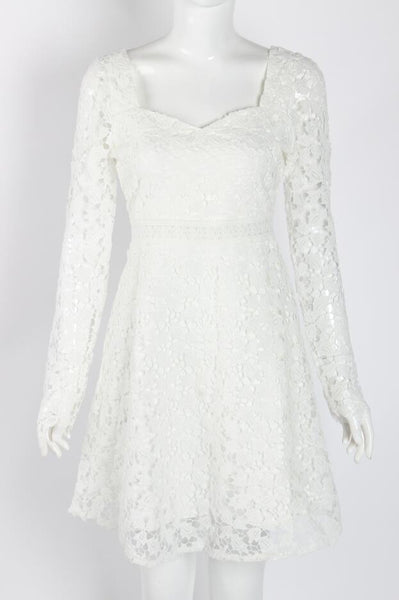 Temperament Elegant Ladies Hollowed Out Lace Stitched Waist Long Sleeves A-line Cocktail Party Dress