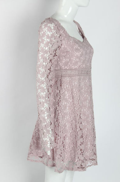 Temperament Elegant Ladies Hollowed Out Lace Stitched Waist Long Sleeves A-line Cocktail Party Dress