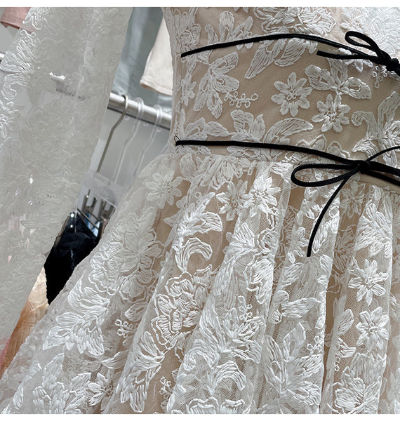 Beautiful Elegant Cozy Ladies Beige V-Neck Long Sleeved Lace High Waist Puffy Party Clubbing Dress