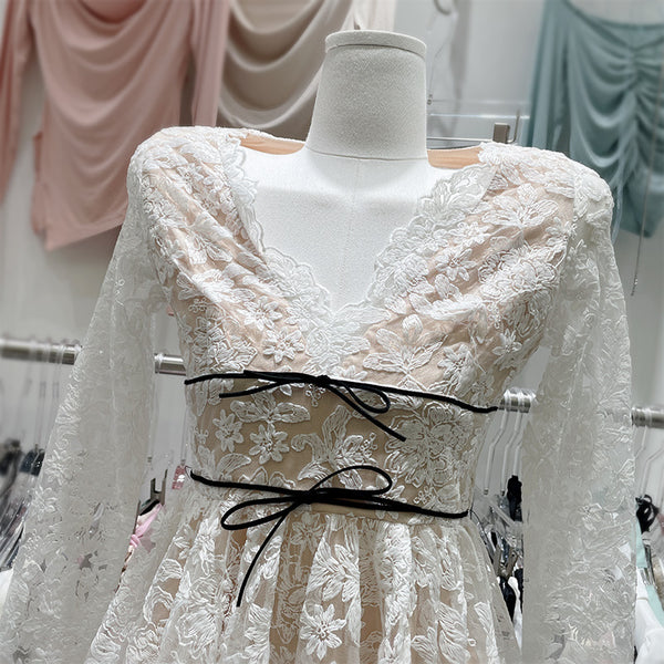 Beautiful Elegant Cozy Ladies Beige V-Neck Long Sleeved Lace High Waist Puffy Party Clubbing Dress