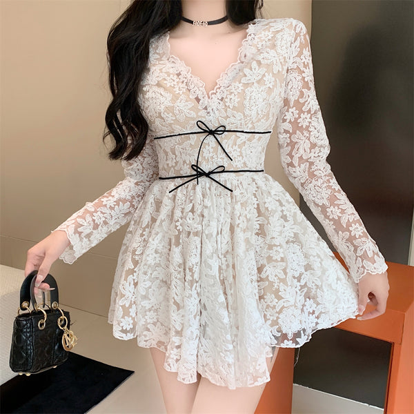 Beautiful Elegant Cozy Ladies Beige V-Neck Long Sleeved Lace High Waist Puffy Party Clubbing Dress