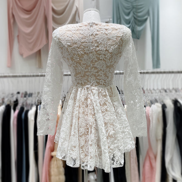 Beautiful Elegant Cozy Ladies Beige V-Neck Long Sleeved Lace High Waist Puffy Party Clubbing Dress