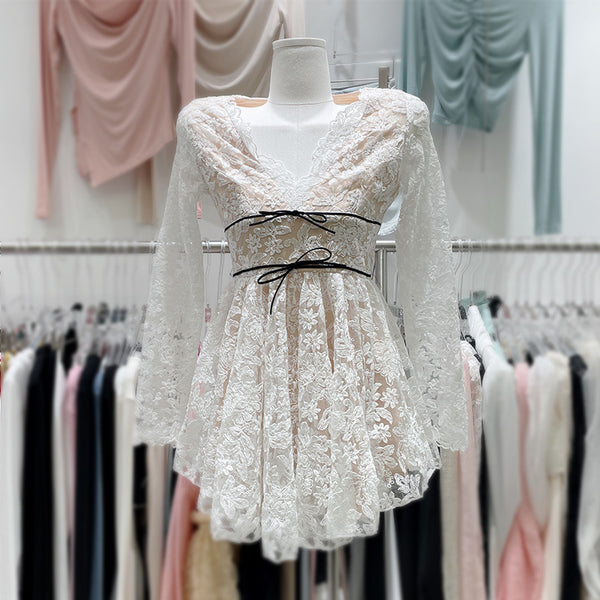 Beautiful Elegant Cozy Ladies Beige V-Neck Long Sleeved Lace High Waist Puffy Party Clubbing Dress