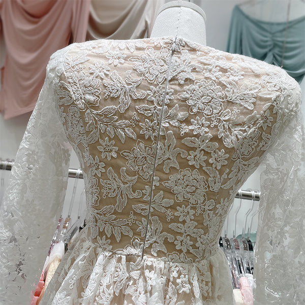 Beautiful Elegant Cozy Ladies Beige V-Neck Long Sleeved Lace High Waist Puffy Party Clubbing Dress