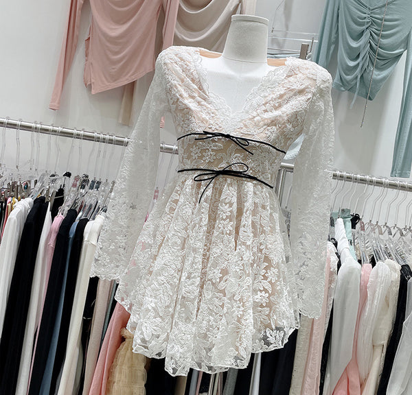 Beautiful Elegant Cozy Ladies Beige V-Neck Long Sleeved Lace High Waist Puffy Party Clubbing Dress