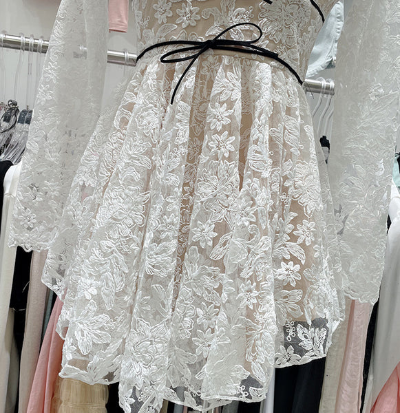 Beautiful Elegant Cozy Ladies Beige V-Neck Long Sleeved Lace High Waist Puffy Party Clubbing Dress