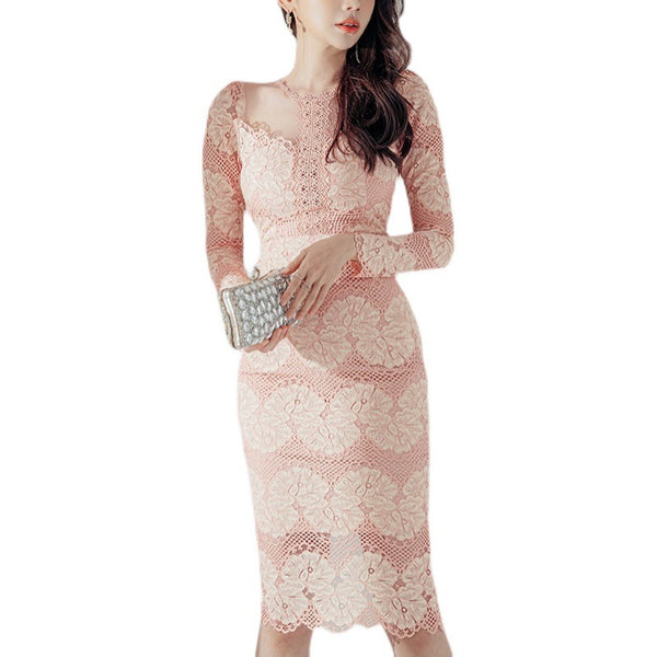 New Retro Fashion Floral Printed Slim Stitching Lace Comfy Lining Round Neck Hip Pencil Clubwear Dress