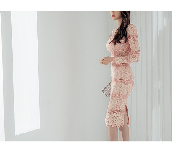 New Retro Fashion Floral Printed Slim Stitching Lace Comfy Lining Round Neck Hip Pencil Clubwear Dress