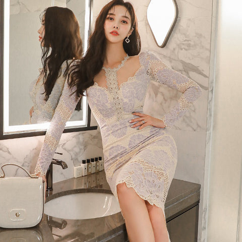 New Retro Fashion Floral Printed Slim Stitching Lace Comfy Lining Round Neck Hip Pencil Clubwear Dress