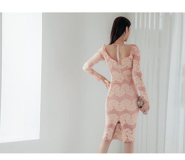 New Retro Fashion Floral Printed Slim Stitching Lace Comfy Lining Round Neck Hip Pencil Clubwear Dress