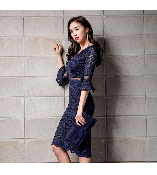 Summer Women Office Business Sexy Ladies V-Neck Lace High Waist Long Sleeves Pencil Clubwear Dress