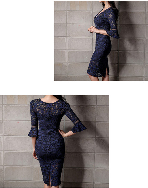 Summer Women Office Business Sexy Ladies V-Neck Lace High Waist Long Sleeves Pencil Clubwear Dress