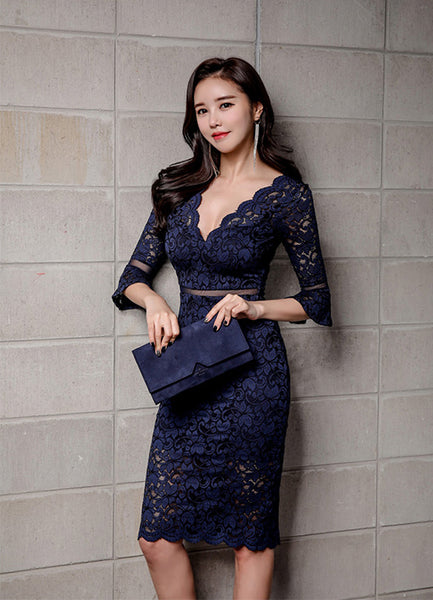 Summer Women Office Business Sexy Ladies V-Neck Lace High Waist Long Sleeves Pencil Clubwear Dress