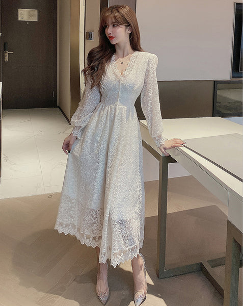 Look Great Temperament Fairy Women V Neck Tight Waist Slim Long Sleeved Lace White A Line Dress