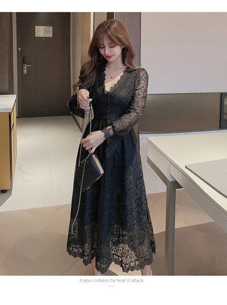 Look Great Temperament Fairy Women V Neck Tight Waist Slim Long Sleeved Lace White A Line Dress