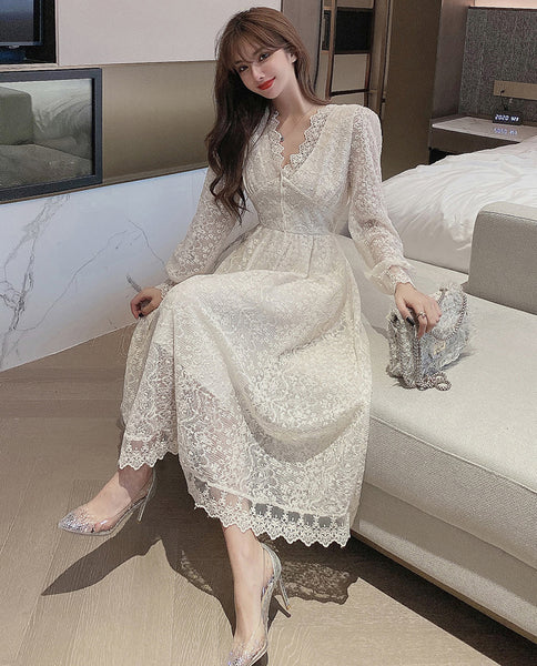 Look Great Temperament Fairy Women V Neck Tight Waist Slim Long Sleeved Lace White A Line Dress