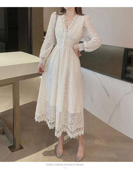 Look Great Temperament Fairy Women V Neck Tight Waist Slim Long Sleeved Lace White A Line Dress