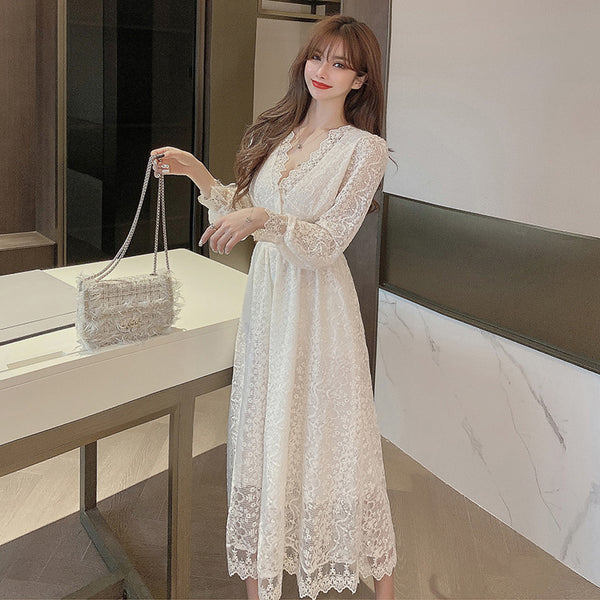 Look Great Temperament Fairy Women V Neck Tight Waist Slim Long Sleeved Lace White A Line Dress