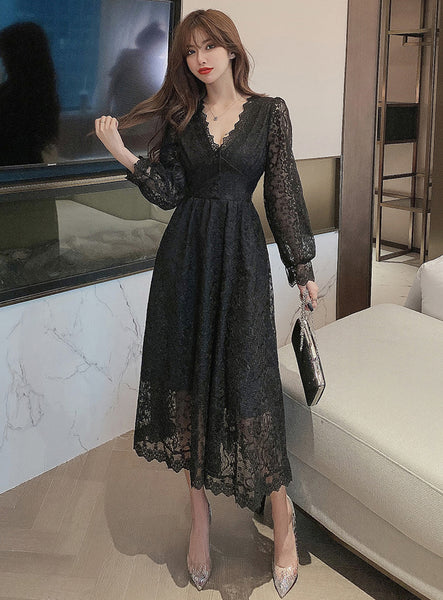 Look Great Temperament Fairy Women V Neck Tight Waist Slim Long Sleeved Lace White A Line Dress