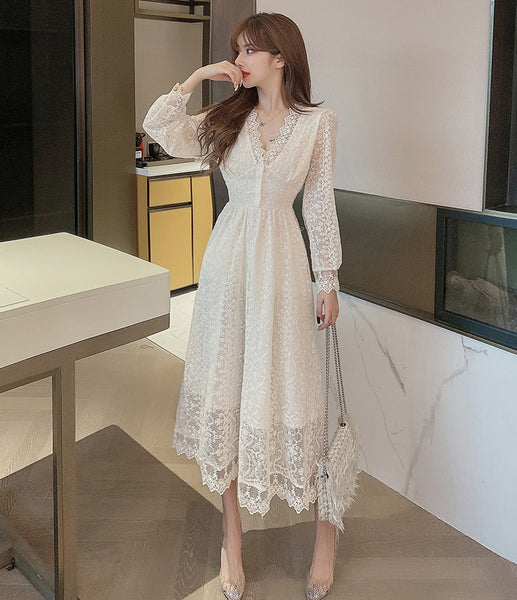 Look Great Temperament Fairy Women V Neck Tight Waist Slim Long Sleeved Lace White A Line Dress
