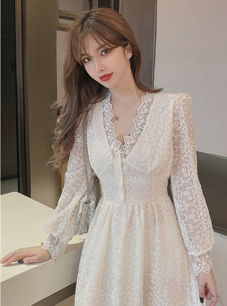 Look Great Temperament Fairy Women V Neck Tight Waist Slim Long Sleeved Lace White A Line Dress