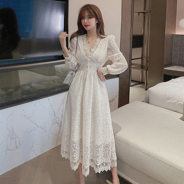 Look Great Temperament Fairy Women V Neck Tight Waist Slim Long Sleeved Lace White A Line Dress