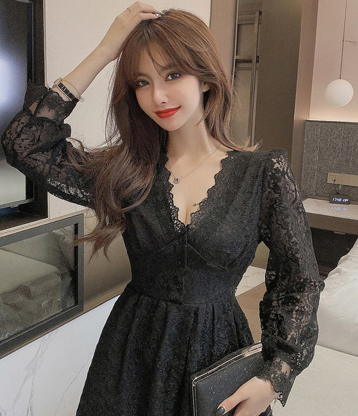 Look Great Temperament Fairy Women V Neck Tight Waist Slim Long Sleeved Lace White A Line Dress