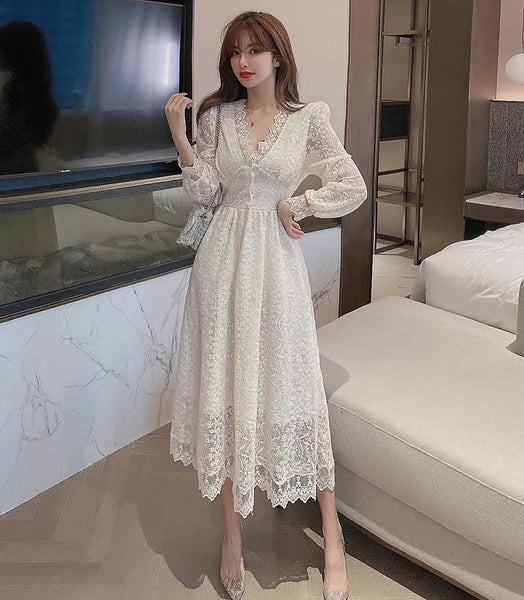 Look Great Temperament Fairy Women V Neck Tight Waist Slim Long Sleeved Lace White A Line Dress