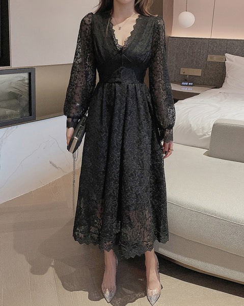 Look Great Temperament Fairy Women V Neck Tight Waist Slim Long Sleeved Lace White A Line Dress