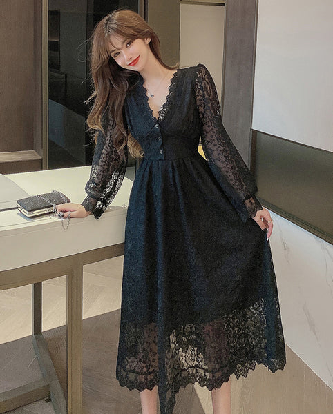 Look Great Temperament Fairy Women V Neck Tight Waist Slim Long Sleeved Lace White A Line Dress