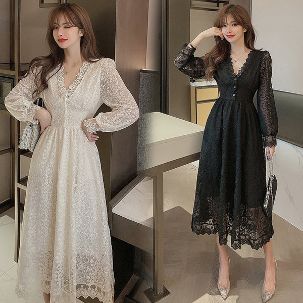 Look Great Temperament Fairy Women V Neck Tight Waist Slim Long Sleeved Lace White A Line Dress