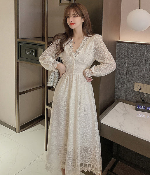 Look Great Temperament Fairy Women V Neck Tight Waist Slim Long Sleeved Lace White A Line Dress