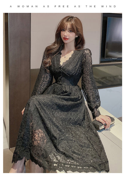 Look Great Temperament Fairy Women V Neck Tight Waist Slim Long Sleeved Lace White A Line Dress