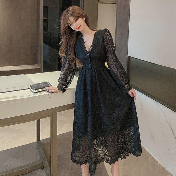 Look Great Temperament Fairy Women V Neck Tight Waist Slim Long Sleeved Lace White A Line Dress