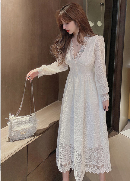 Look Great Temperament Fairy Women V Neck Tight Waist Slim Long Sleeved Lace White A Line Dress
