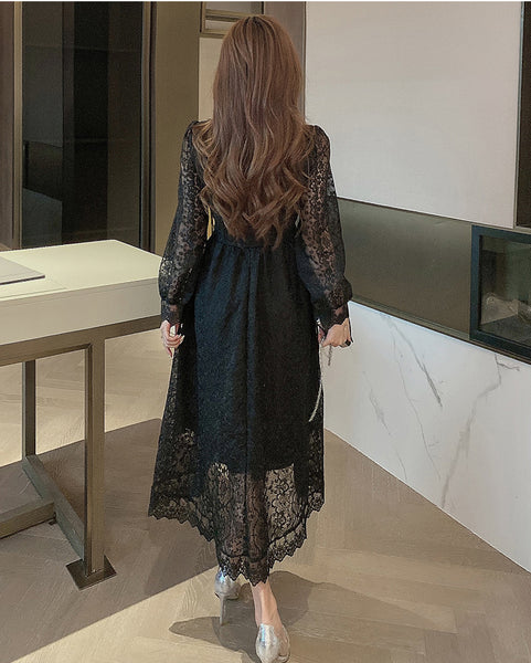 Look Great Temperament Fairy Women V Neck Tight Waist Slim Long Sleeved Lace White A Line Dress