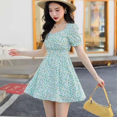 Summer Sweet Women Short Sleeved Temperament Green Floral Printed Midi Skirt Dress Dresses