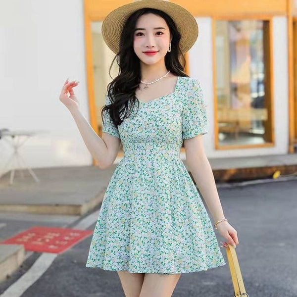 Summer Sweet Women Short Sleeved Temperament Green Floral Printed Midi Skirt Dress Dresses