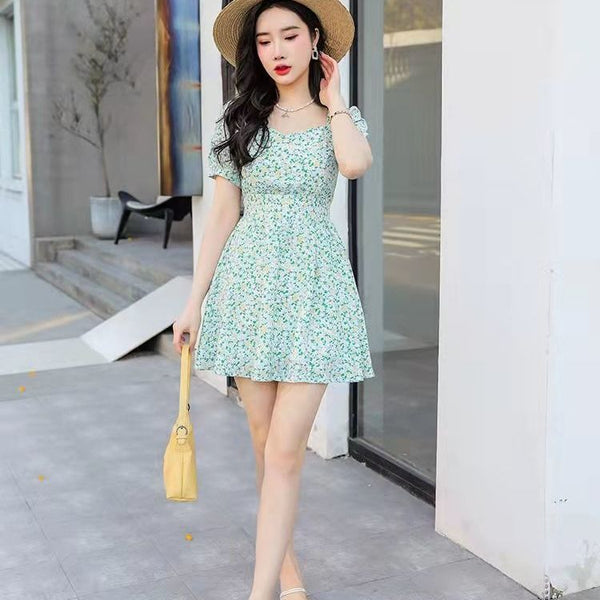 Summer Sweet Women Short Sleeved Temperament Green Floral Printed Midi Skirt Dress Dresses