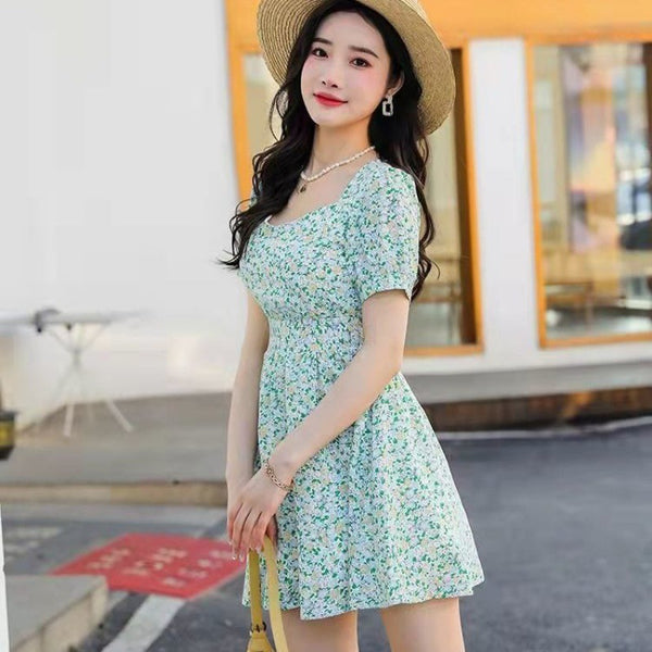 Summer Sweet Women Short Sleeved Temperament Green Floral Printed Midi Skirt Dress Dresses
