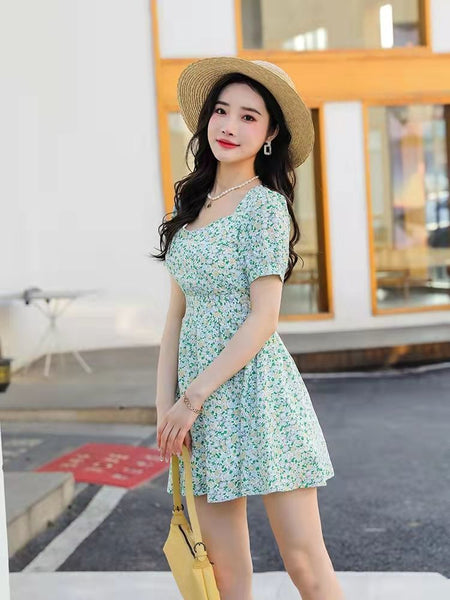 Summer Sweet Women Short Sleeved Temperament Green Floral Printed Midi Skirt Dress Dresses