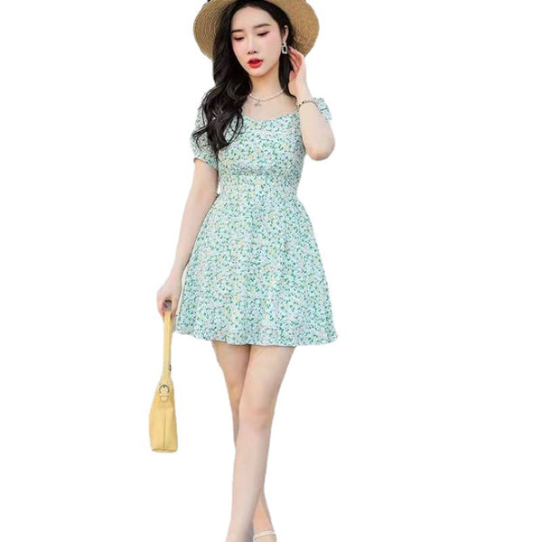 Summer Sweet Women Short Sleeved Temperament Green Floral Printed Midi Skirt Dress Dresses