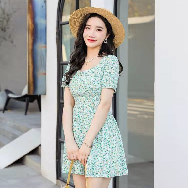 Summer Sweet Women Short Sleeved Temperament Green Floral Printed Midi Skirt Dress Dresses