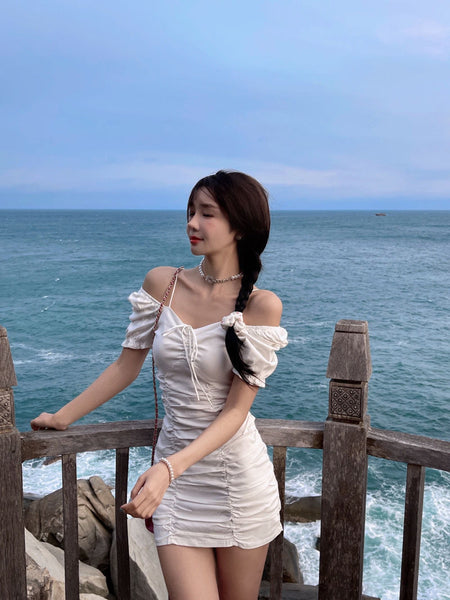 Summer Sexy Women Pleated Vintage Front Bow Shoulder Spaghetti Strap Square Neck Puff Sleeves Mini Dress