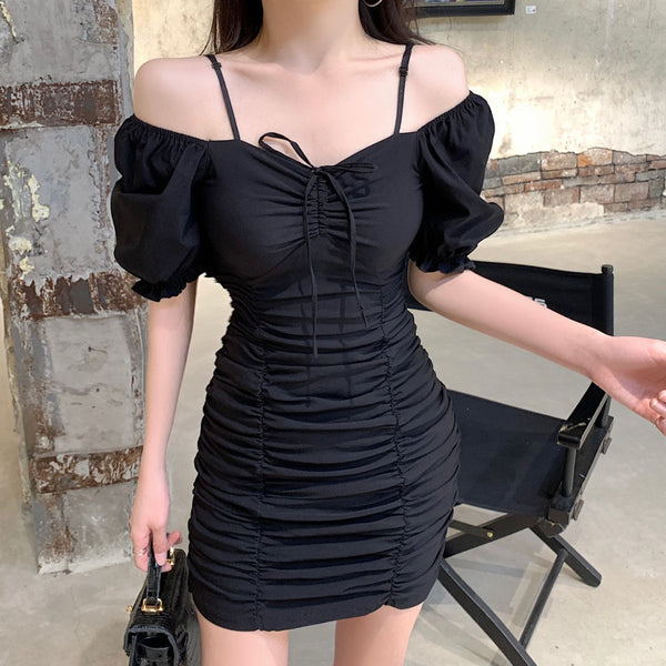Summer Sexy Women Pleated Vintage Front Bow Shoulder Spaghetti Strap Square Neck Puff Sleeves Mini Dress